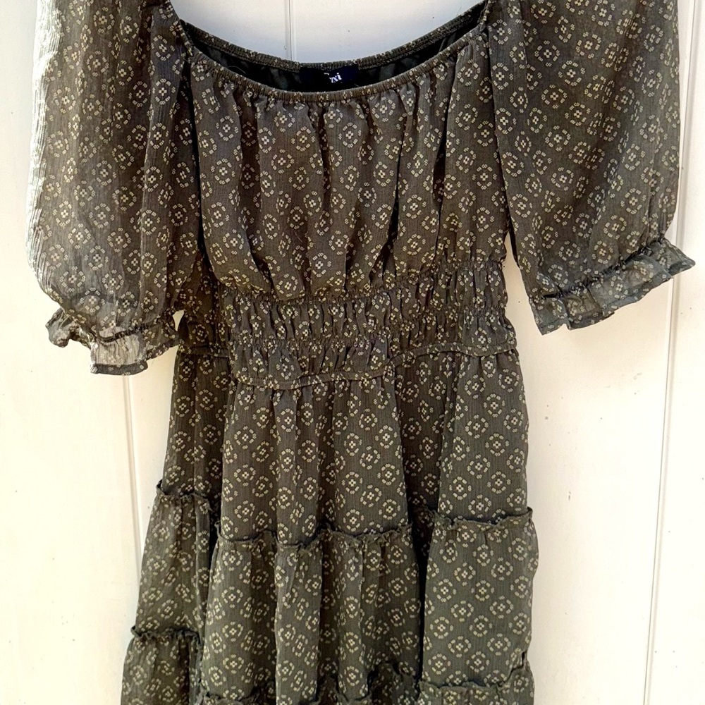 Elegant Olive Green Prairie Peasant Boho Hippie Chic Patterned Dress Size M